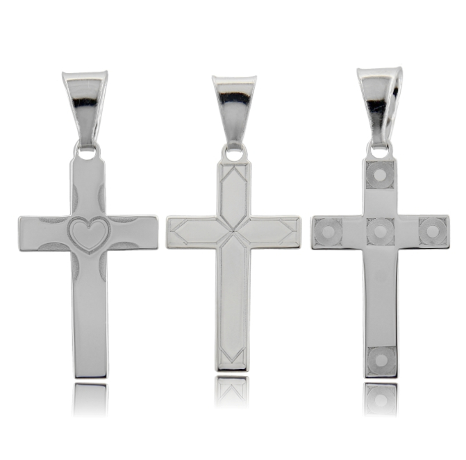 CIONDOLO CROCE MM 23X13 CON INCISIONE LASER IN ARGENTO RODIATO TIT 925‰