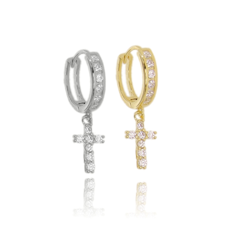 ORECCHINI A CERCHIO MM 10 CON CROCE PENDENTE IN ARGENTO TIT 925 E ZIRCONI BIANCHI