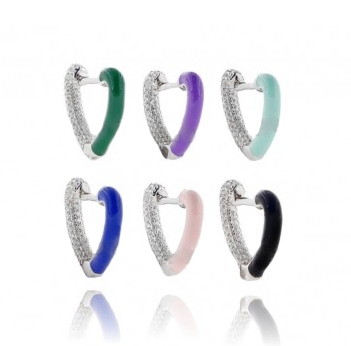 ORECCHINI CUORE A CERCHIO IN ARGENTO RODIATO TIT 925 ZIRCONI E SMALTO