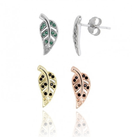 ORECCHINI A LOBO FOGLIA 14X6 IN ARGENTO TIT 925 E ZIRCONI