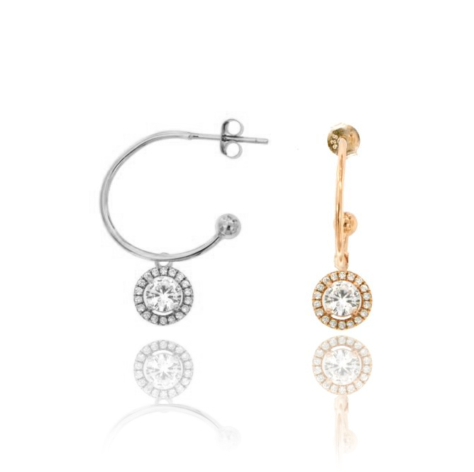 ORECCHINI A CERCHIO MM 18 CON SOLITARIO PENDENTE IN ARGENTO TIT 92 E ZIRCONI