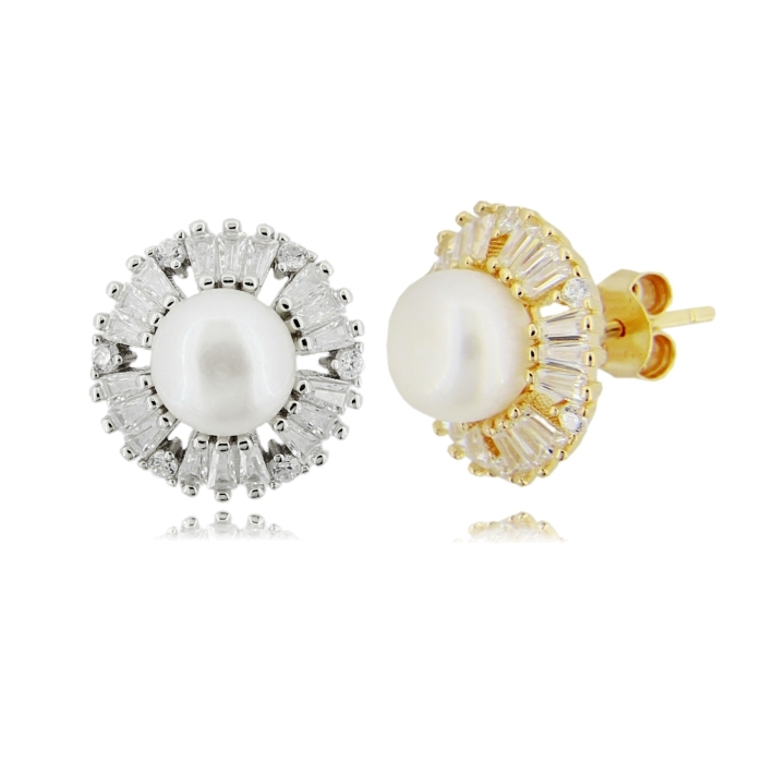 ORECCHINI A LOBO CON PERLA MM 7 E BAGUETTES DI ZIRCONI BIANCHI IN ARGENTO TIT 925