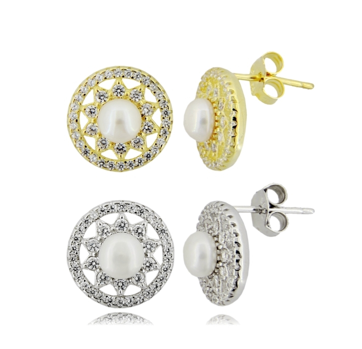 ORECCHINI A VIRGOLA CON PERLE MM 4 E ZIRCONI MULTICOLORS IN ARGENTO TIT 925