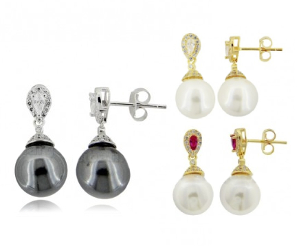 ORECCHINI PENDENTI CON PERLA MM 10 E ZIRCONI IN ARGENTO TIT 925
