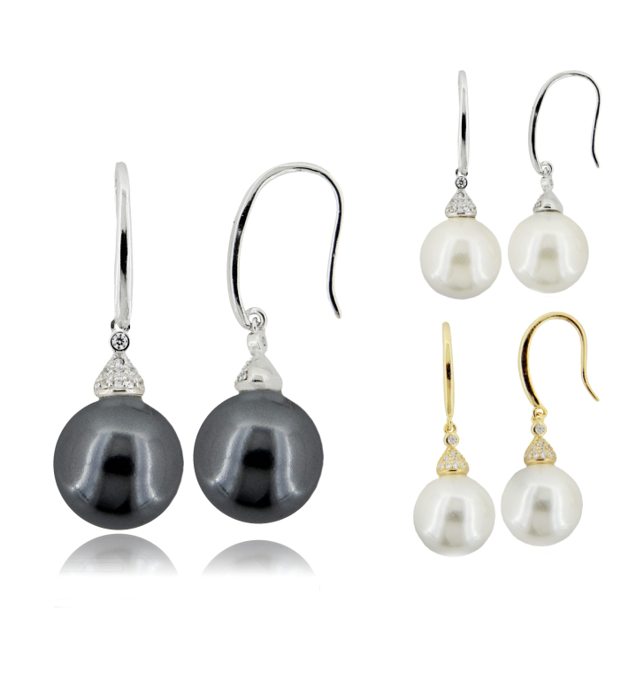 ORECCHINI PENDENTI CON PERLA MM 12 E ZIRCONI BIANCHI IN ARGENTO TIT 925