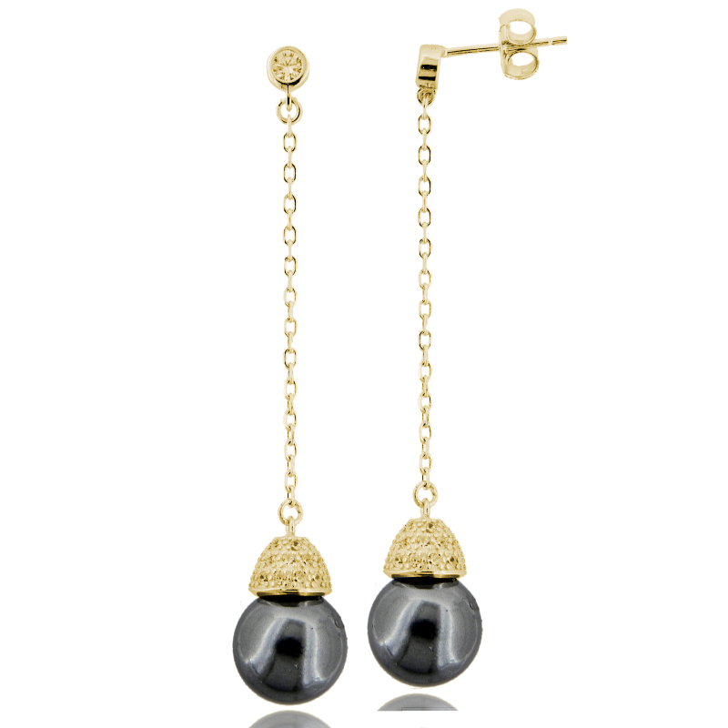 ORECCHINI PENDENTI CON PERLA MM 10 E ZIRCONI BIANCHI IN ARGENTO TIT 925