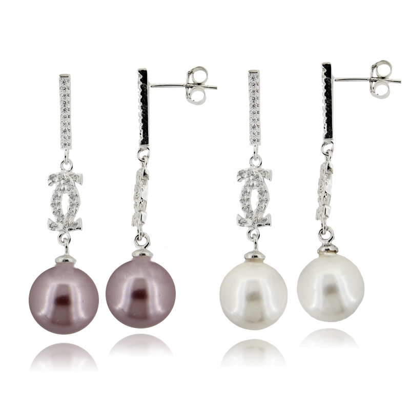 ORECCHINI PENDENTI CON PERLA MM 10 E ZIRCONI BIANCHI IN ARGENTO RODIATO TIT 925