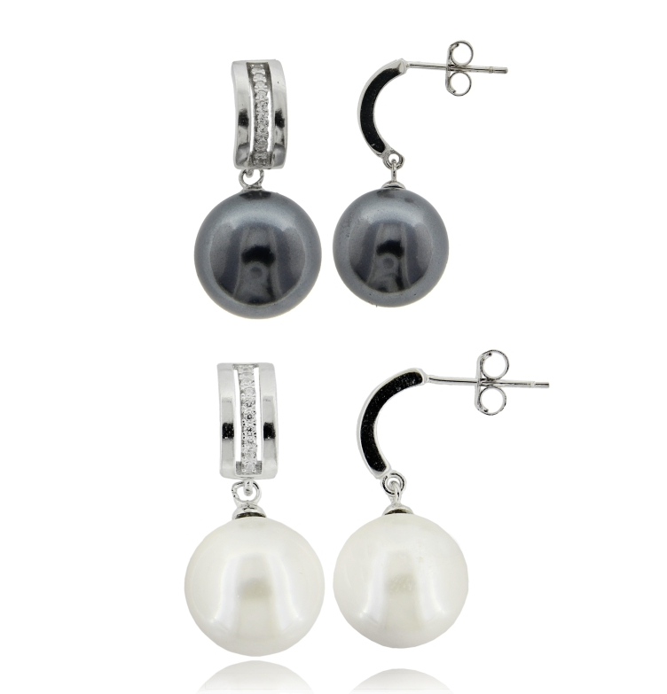 ORECCHINI PENDENTI CON PERLA MM 12 E ZIRCONI BIANCHI IN ARGENTO RODIATO TIT 925