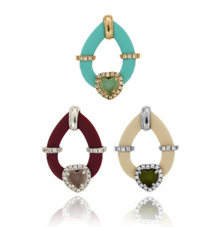 CIONDOLO GOCCIA CON CAUCCIU' FUCSIA E APPLIC. CUORE CON PIETRE IDROTERMALI E ZIRCONI IN ARGENTO TIT 925