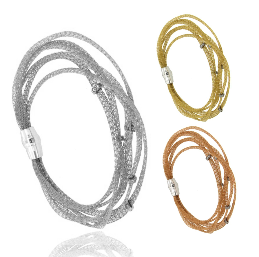 BRACCIALE MAGLIA CALZA 6 FILI CON ZIRCONI E CHIUSURA A CALAMITA IN ARGENTO TIT 925