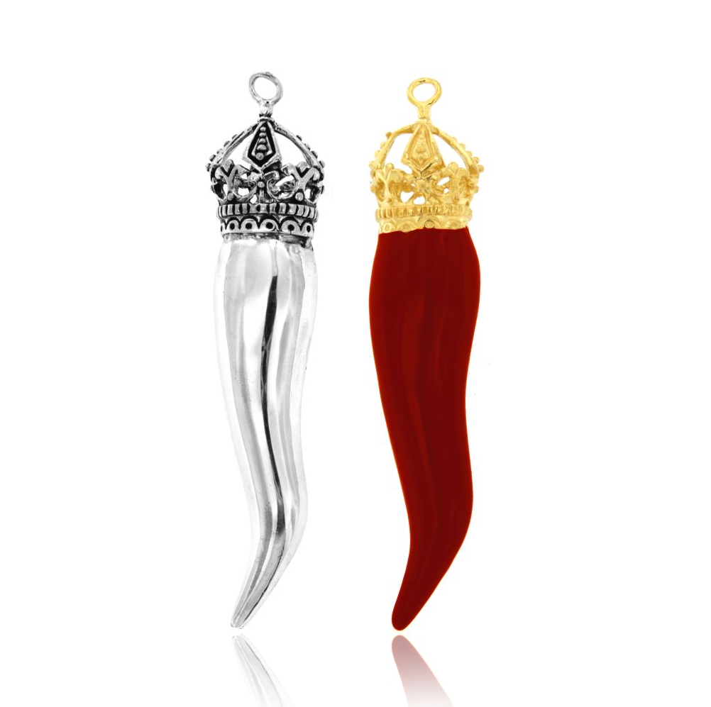 CIONDOLO CORNO MM 86X18 CON CORONA IN ARGENTO MICROFUSO TIT 800