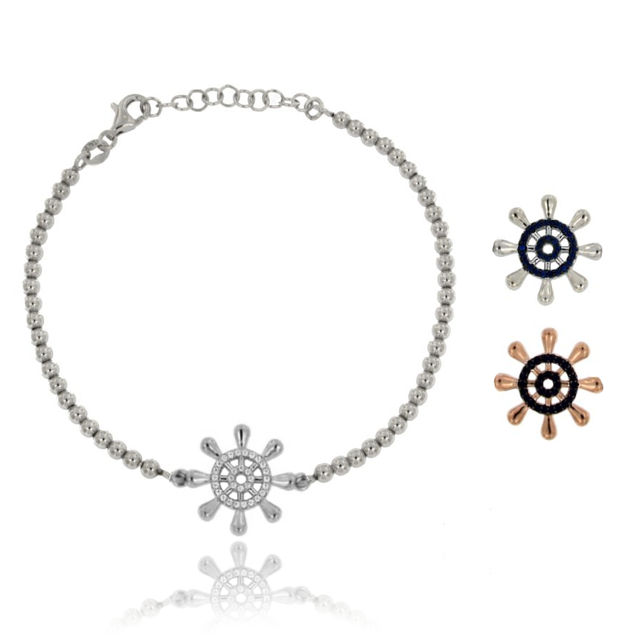 BRACCIALE CON SFERE MM 3 E TIMONE CENTRALE IN ARGENTO TIT 925 E ZIRCONI CM 18-21