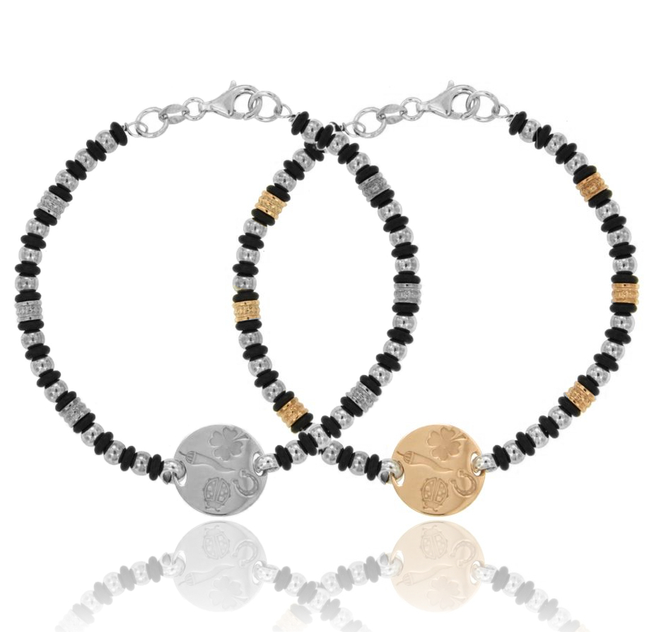BRACCIALE ALTERNATO SFERE E ONICE CON TRAMEZZO TONDO MM 16 CON SCARAMANTICI INCISI IN ARGENTO TIT 925