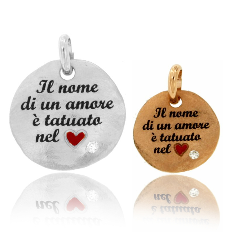 CIONDOLO TONDO IL NOME DI UN AMORE E' TATUATO NEL CUORE IN ARGENTO TIT 925 SMALTO E ZIRCONE
