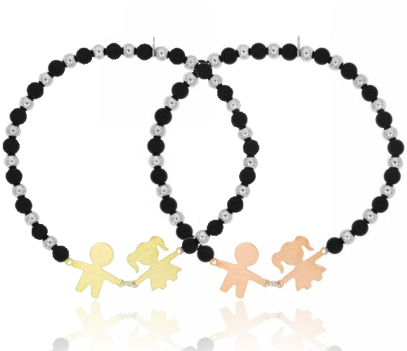 BRACCIALE ELASTICO CON SFERE IN PIETRA DURA NERA MM 4 E BIMBO-BIMBA CENTRALI IN ARGENTO TIT 925