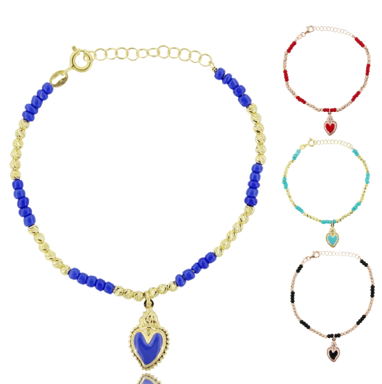 BRACCIALE CON SFERE FACCETTATE, PIETRE E CUORE SACRO SMALTATO IN ARGENTO TIT 925 CM 17-19