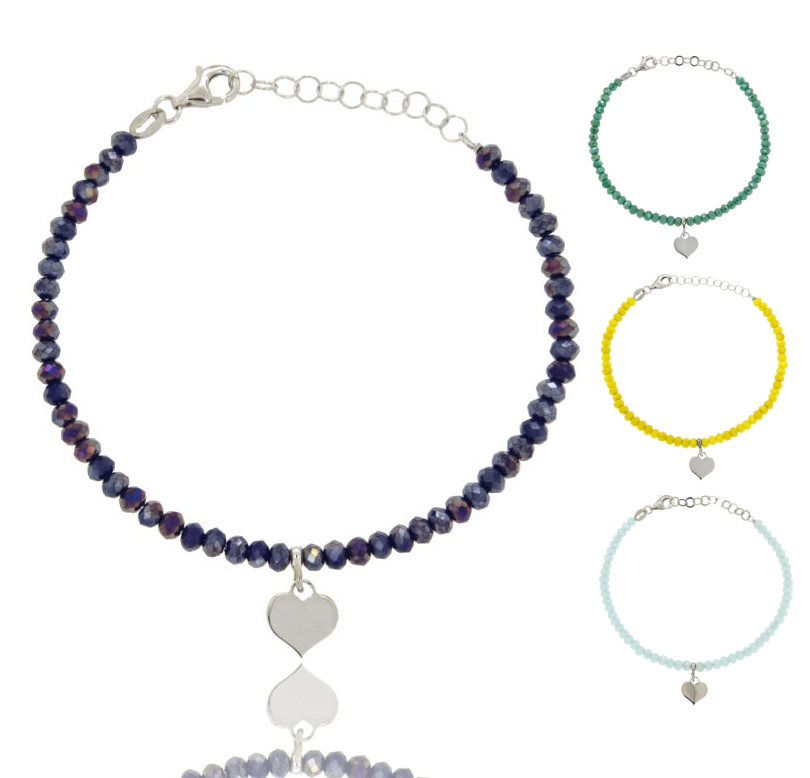BRACCIALE CON RONDELLE DI PIETRE IDROTERMALI FACCETTATE E CUORICINO PENDENTE IN ARGENTO RODIATO TIT 925 CM 16-19
