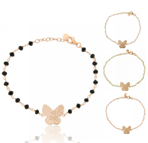 BRACCIALE PALLINE FACCETTATE IN CRISTALLO CON FARFALLA CENTRALE IN ARGENTO PLACCATO ORO ROSA TIT 925 CM 18