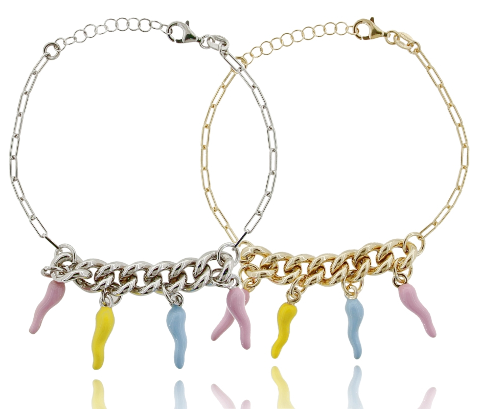BRACCIALE GROUMETTE CON CORNI SMALTATI PENDENTI IN ARGENTO TIT 925 CM 17-20
