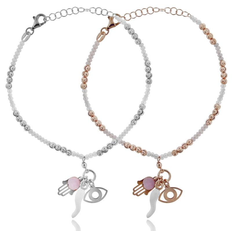 BRACCIALE CON CORNO, MANO DI FATIMA E OCCHIO IN ARGENTO TIT 925 SMALTO E PIETRE CM 17-19