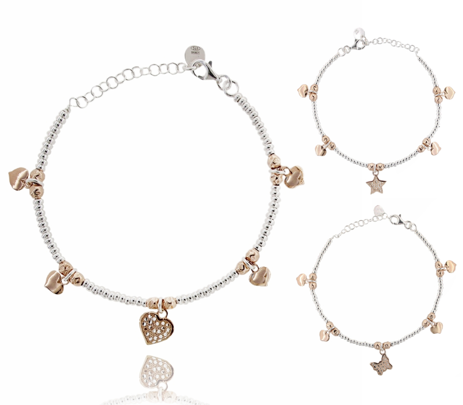 BRACCIALE CON RONDELLE IN ARGENTO CON PEPITE, SIMBOLO E CUORI PLACCATI ORO ROSA TIT 925 CM 17-20