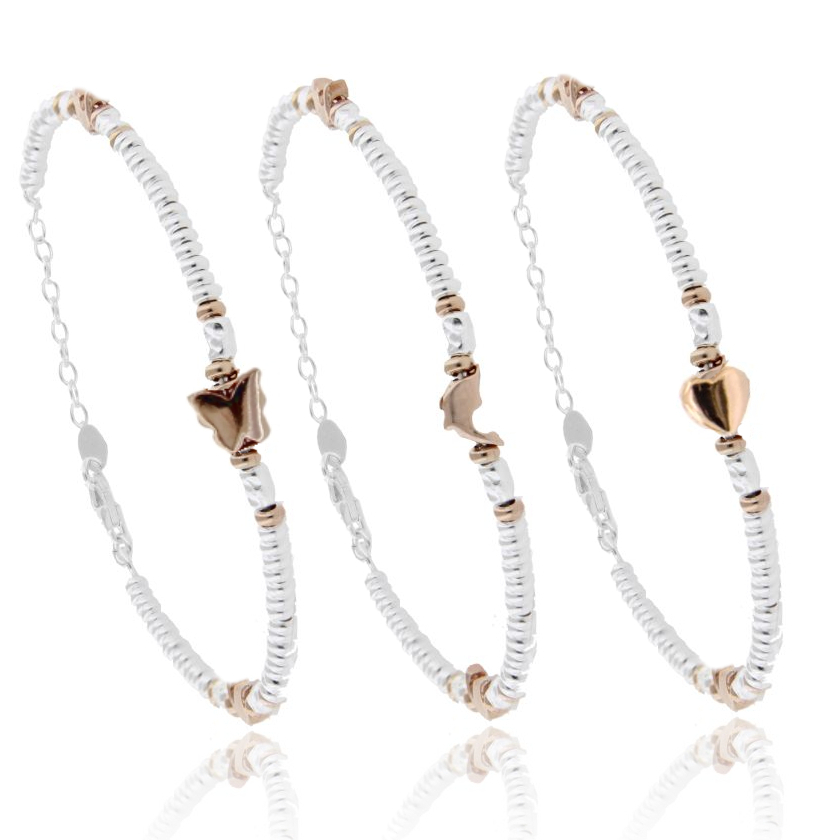 BRACCIALE CON RONDELLE IN ARGENTO E SIMBOLI PLACCATI ORO ROSA TIT 925 CM 17-20