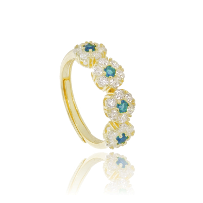 ANELLO CON FIORI IN ARGENTO TIT 925 E ZIRCONI MISURA REGOLABILE