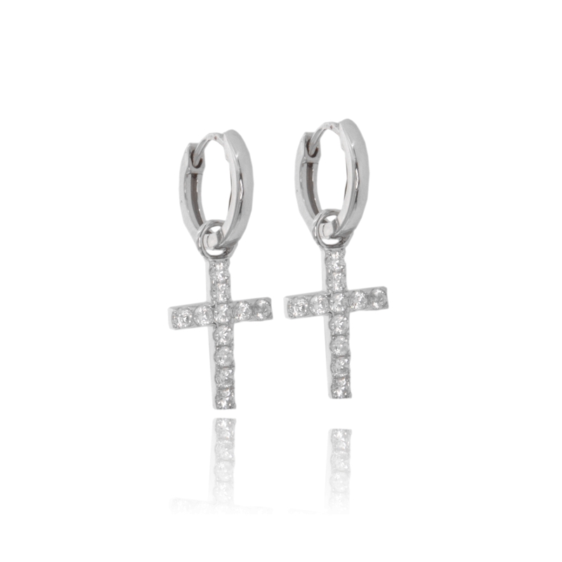 ORECCHINI A CERCHIO CON CROCE PENDENTE IN ARGENTO TIT 925 E ZIRCONI BIANCHI