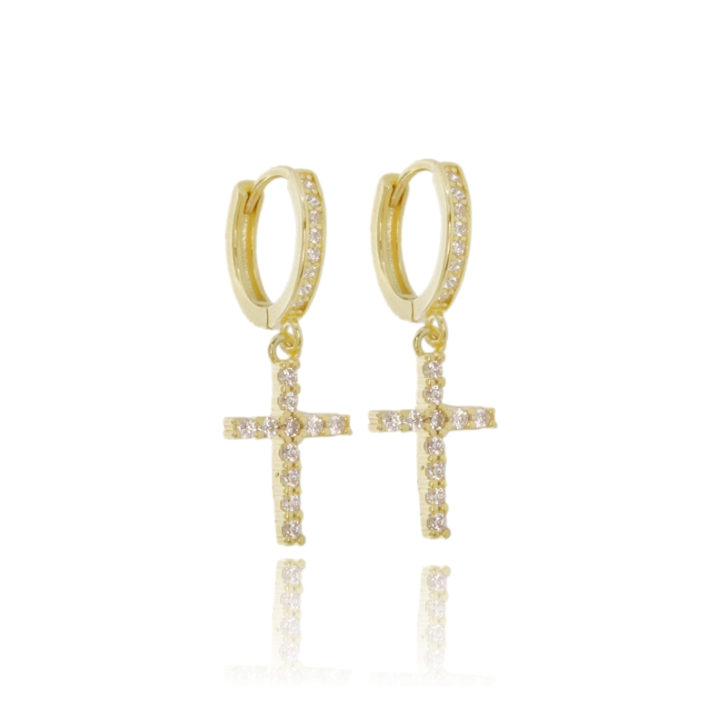 ORECCHINI A CERCHIO CON CROCE PENDENTE IN ARGENTO TIT 925 E ZIRCONI BIANCHI