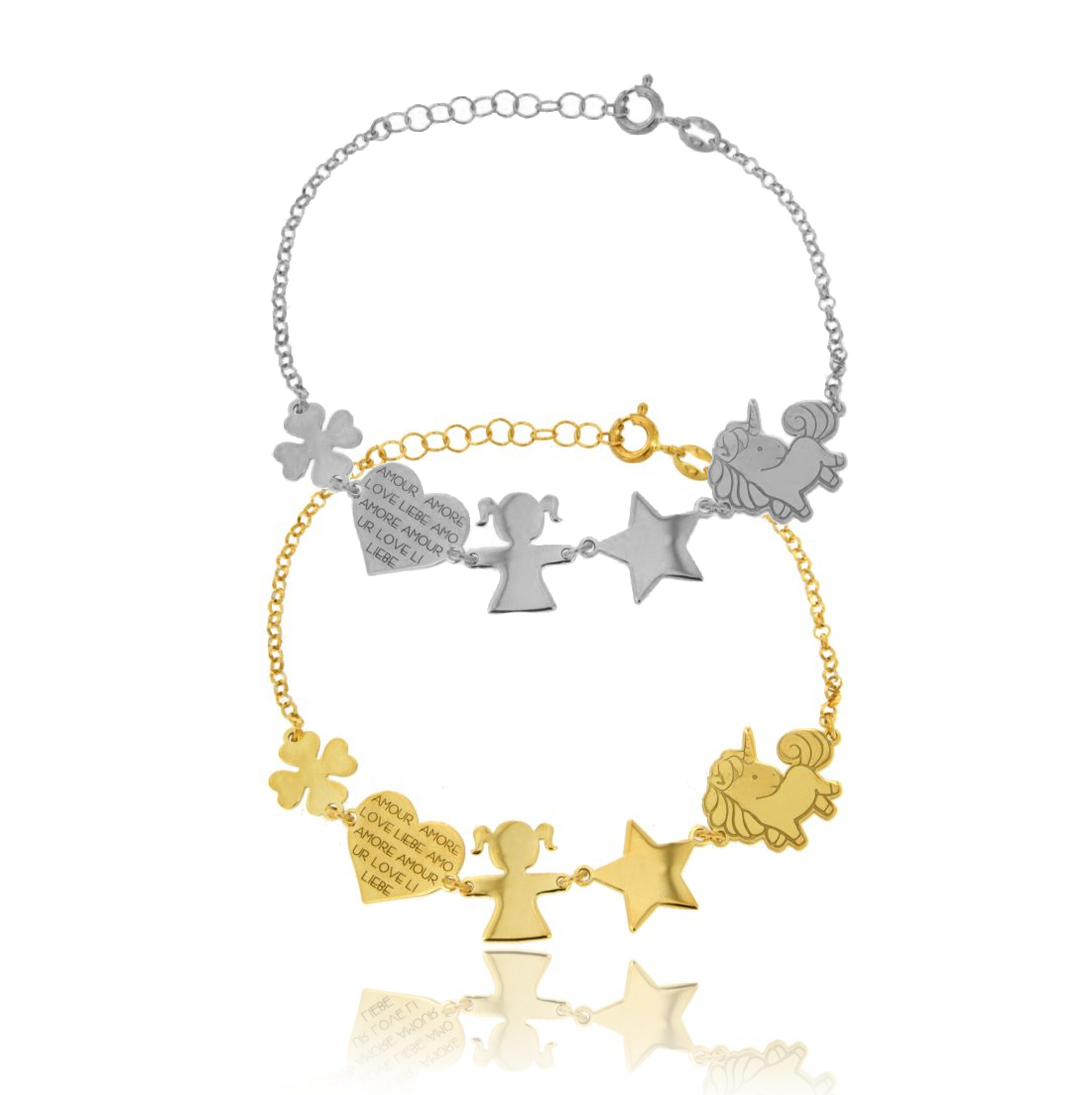 BRACCIALE CON UNICORNO, BIMBA E CUORE IN ARGENTO TIT 925 CM 17-20