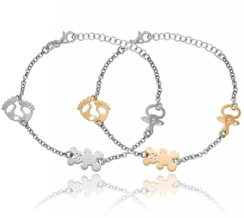 BRACCIALE ROLO' ALTERNATO A 2 CIUCCIOTTI LASTRA MM 12X14 E ORSETTO CENTRALE MM 16X10 IN ARGENTO TIT 925