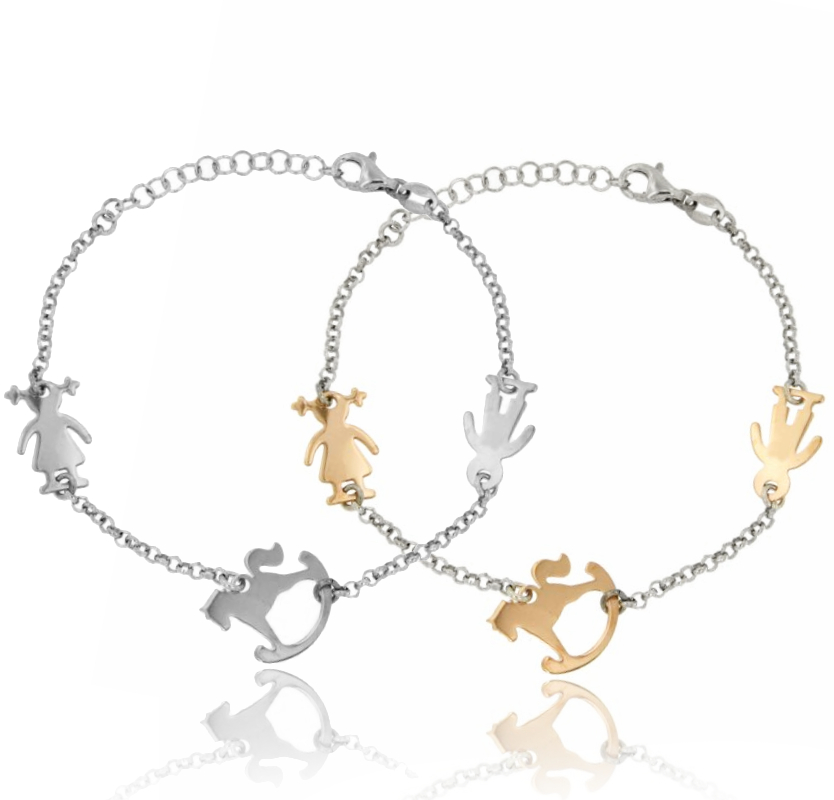 BRACCIALE ROLO' ALTERNATO A 3 ELEMENTI BIMBO BIMBA E CAVALLO A DONDOLO CENTRALE MM 16X10 IN ARGENTO TIT 925