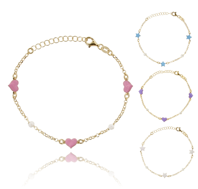 BRACCIALE ROLO' CON SIMOLI SMALTATI E PERLE IN ARGENTO DORATO TIT 925 CM 17-19