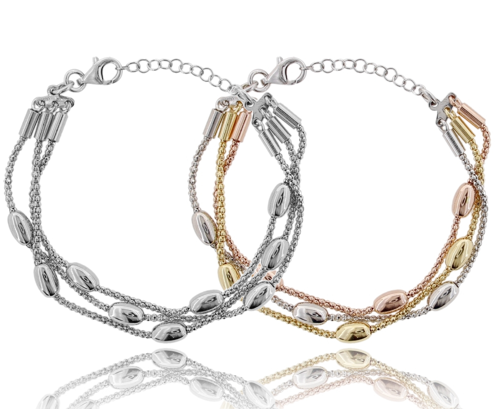 BRACCIALE POP CORN A 3 FILI CON BARILOTTI ALTERNATI IN ARGENTO TIT 925 CM DA 17 ESTENSIBILE A 19