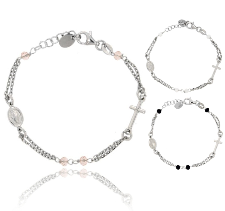 BRACCIALE ROSARIO BABY FORZATINA CON PIETRE FACCETTE DA MM 2,5X3,5 IN ARGENTO RODIATO 925 CM 12-15
