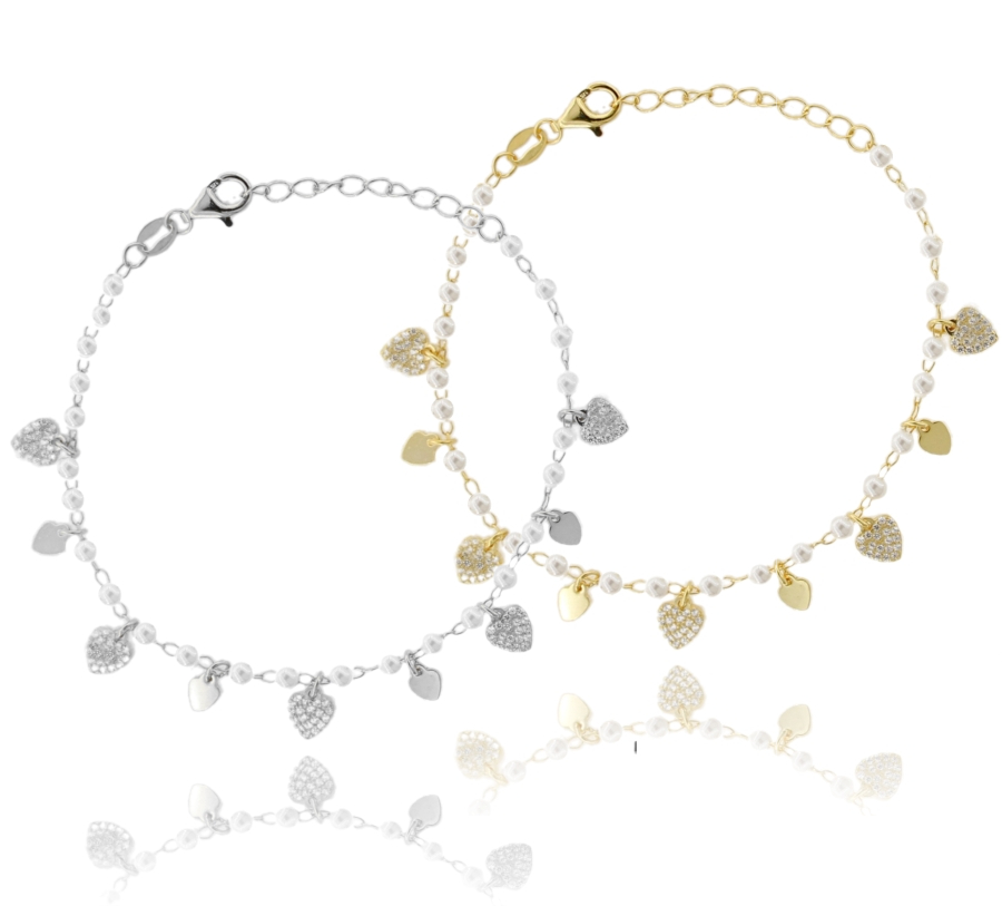 BRACCIALE CON CUORI IN ARGENTO TIT 925 ZIRCONI E PERLE CM 16-19