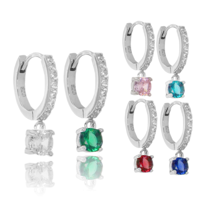 ORECCHINI A CERCHIO CON PUNTO LUCE PENDENTE IN ARGENTO RODIATO TIT 925 E ZIRCONI COLORATI