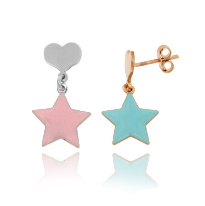 ORECCHINI PENDENTI CON CUORE E STELLA SMALTATA IN ARGENTO TIT 925