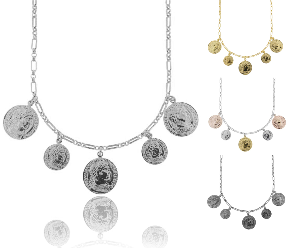 COLLANA A CATENA CON 5 MONETE IN ARGENTO TIT 925 CM 40-45