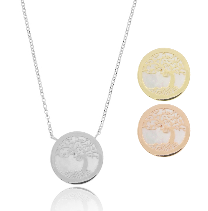 COLLANA ROLO' CM 45 CON MEDAGLIA TONDA MM 20 IN MADREPERLA E ALBERO DELLA VITA IN ARGENTO TIT 925
