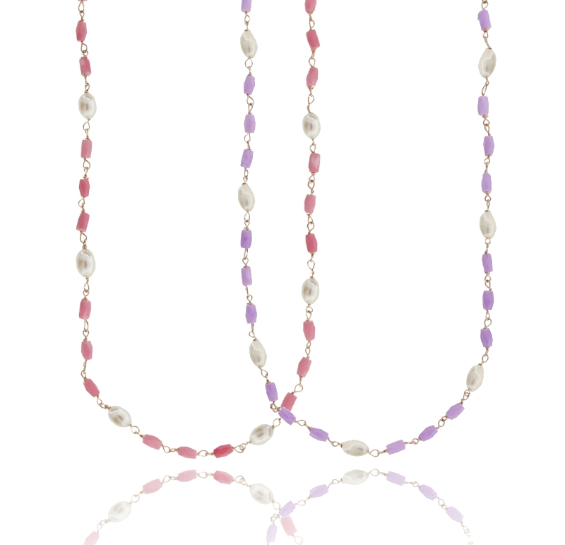 COLLANA ROLO' CON PIETRE E PERLE ALTERNATE IN ARGENTO ROSATO TIT 925 CM 38-42