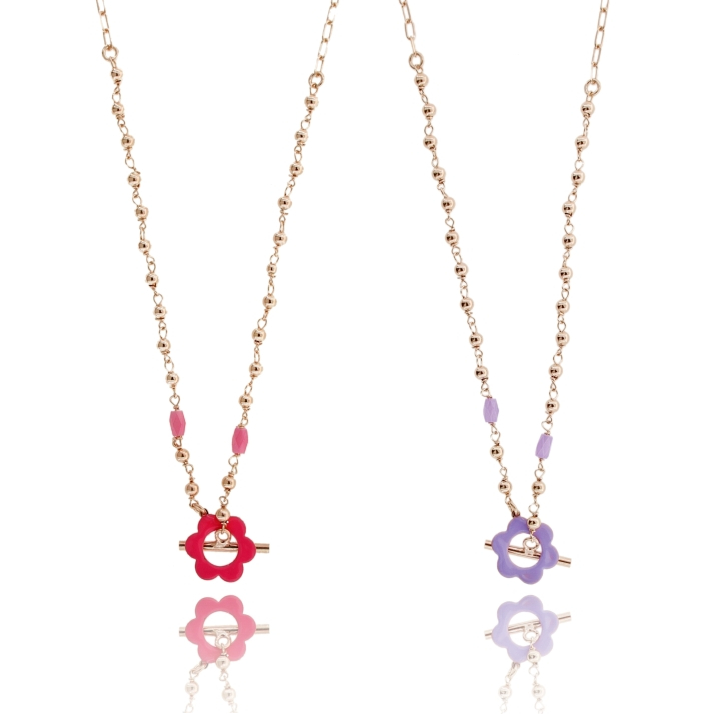 COLLANA CON FIORE SMALTATO E PIETRE IN ARGENTO ROSATO TIT 925 CM 38-42