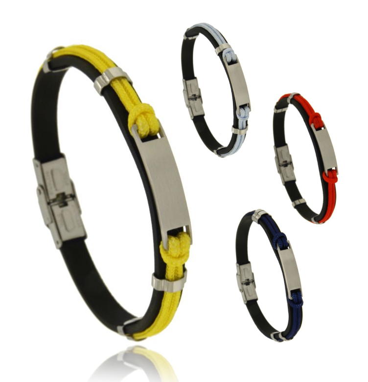 BRACCIALE IN CAUCCIU' MM 8 E CORDA CON TARGA CENTRALE IN ACCIAIO