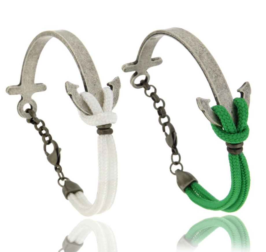 BRACCIALE CORDA BIANCA CON ANCORA IN ACCIAIO BRUNITO