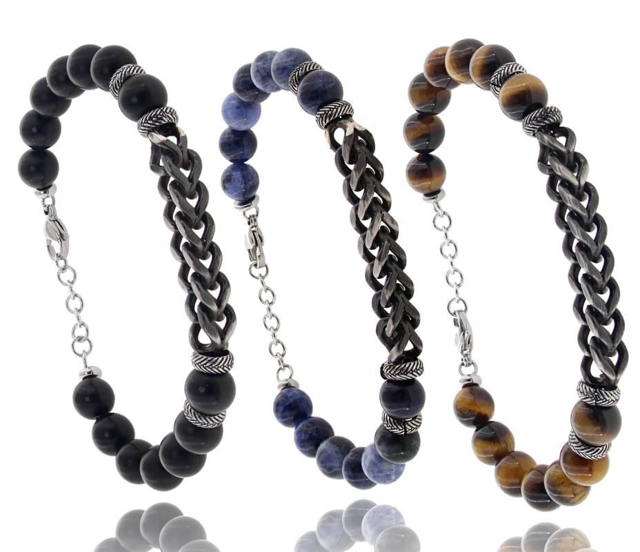 BRACCIALE CON SFERE DI PIETRA DURA E CATENA IN ACCIAIO BRUNITO CM 21