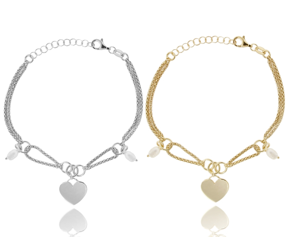 BRACCIALE POP CORN CON CUORE E PERLE IN ARGENTO TIT 925 CM 18