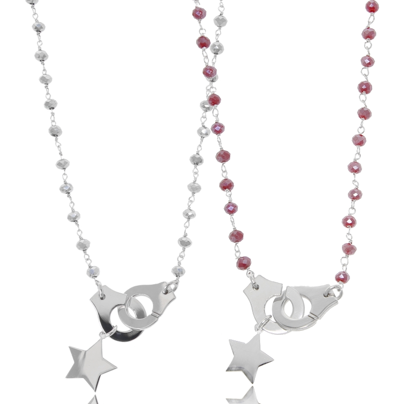 COLLANA CON MANETTE E STELLA IN ARGENTO RODIATO TIT 925 E PIETRE DURE CM 40-45