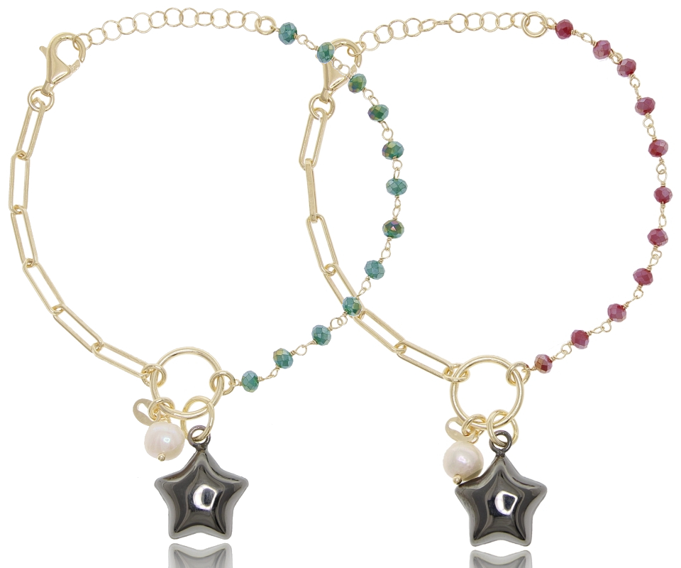 BRACCIALE CON MOSCHETTONE E STELLA IN ARGENTO TIT 925 E PIETRE DURE CM 18-20