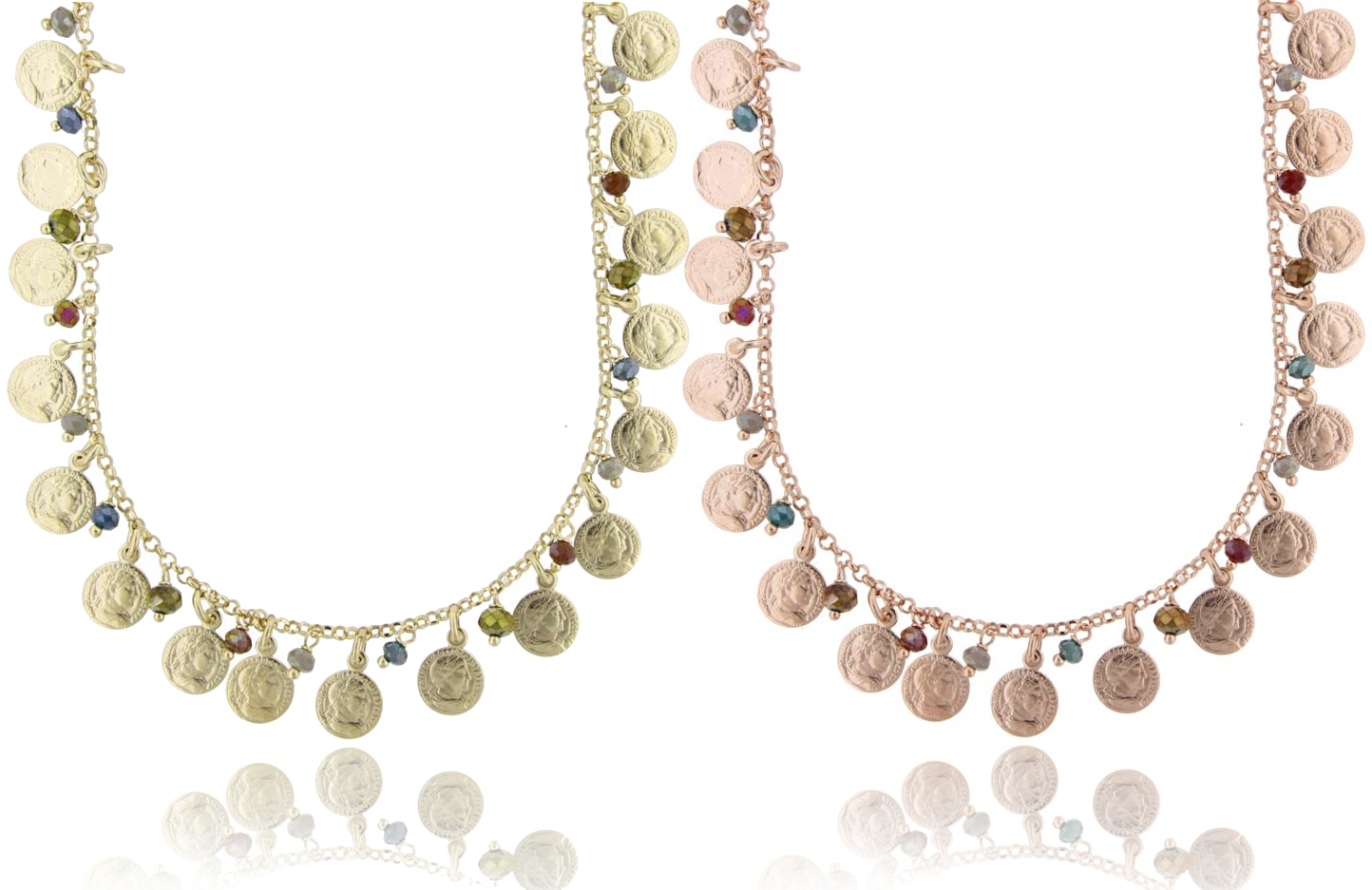 COLLANA CON MONETE E PIETRE IN ARGENTO TIT 925 CM 52-55