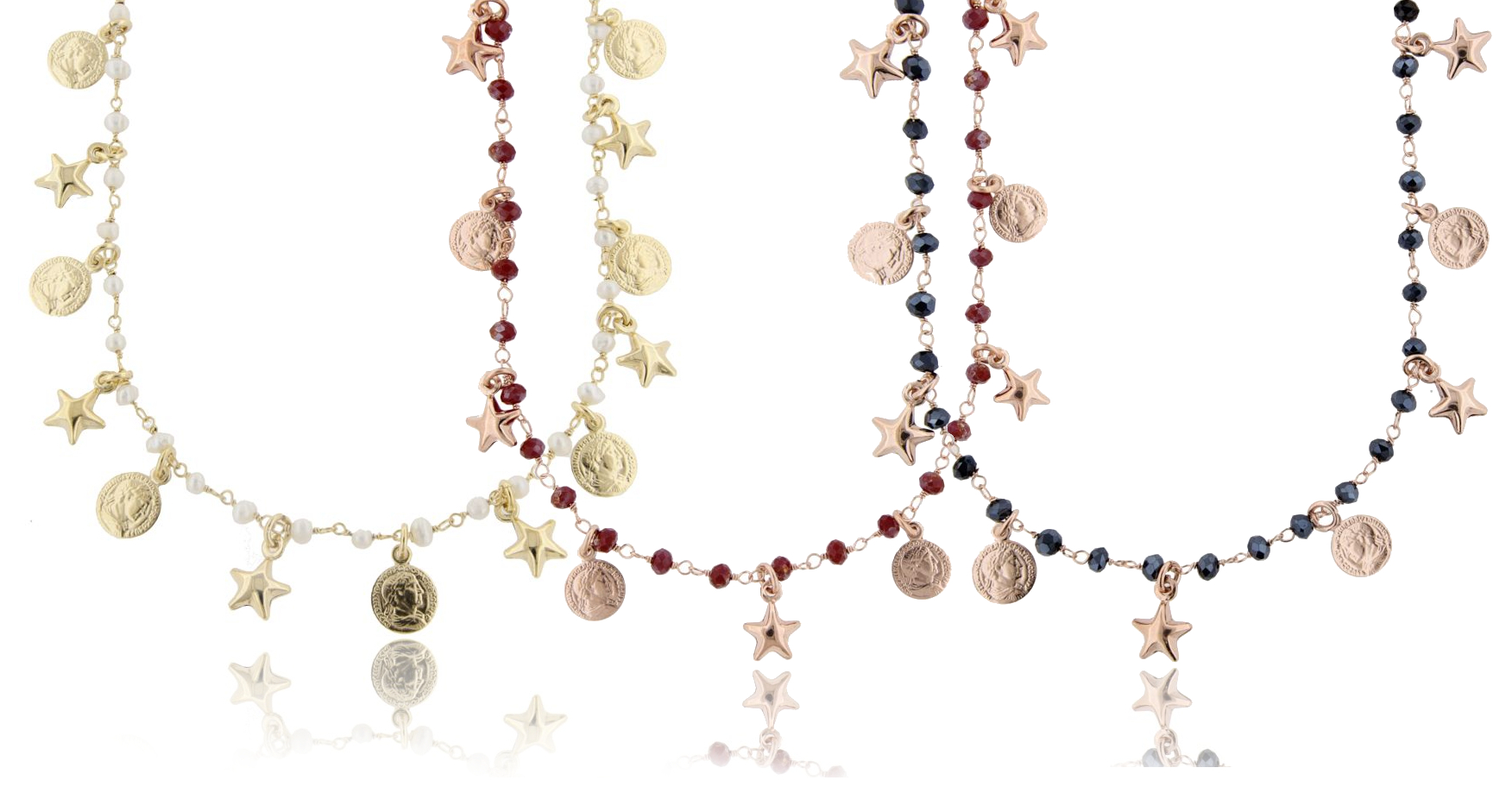 COLLANA CON MONETE, STELLE E PIETRE PENDENTI IN ARGENTO TIT 925 CM 70